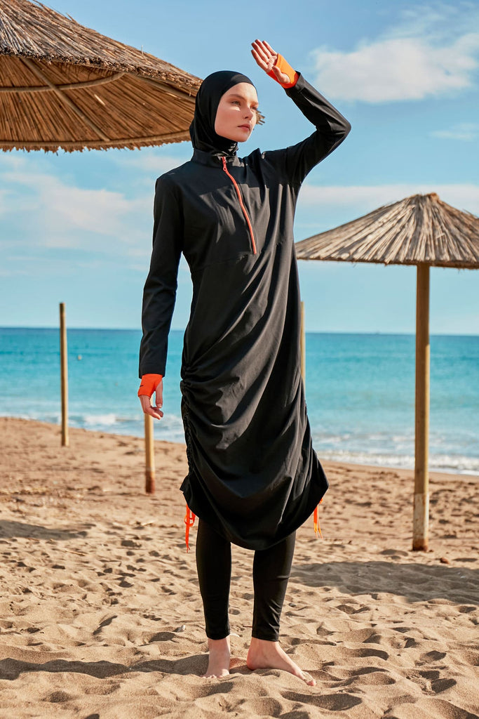 Black & Orange 4-Piece Parachute Full-Coverage Modest Swimwear with Hijab