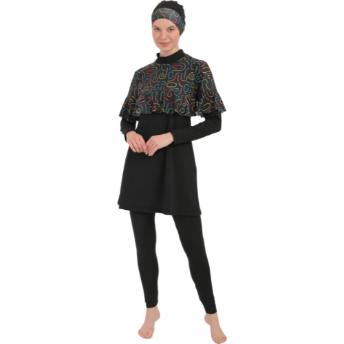 4-Piece Set Full Hijab Printed Design Long Sleeve Ruffled Pleated Flexible Burkini M-2XL