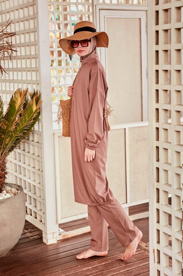 Beige Elegant Woven Full Burkini Swimwear