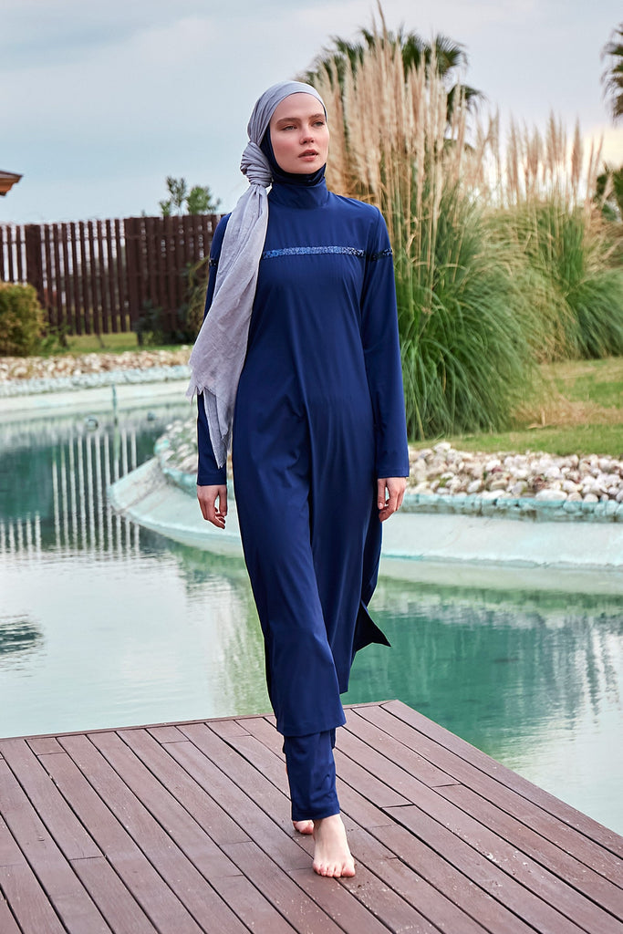 Blue 4-Piece Parachute Full-Coverage Modest Swimwear with Hijab