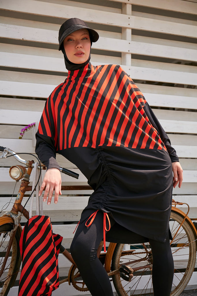 Orange & Black Stripes Parachute Burkini Swimwear with Hijab